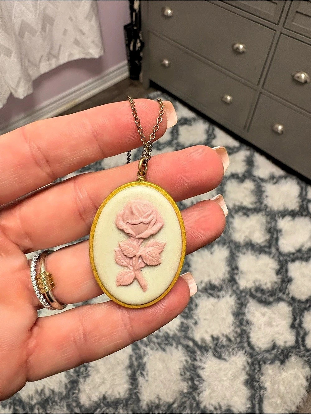 Franklin Mint Mother's Day 1979 Pink Rose Cameo Pendant Floral Cameo Pendant